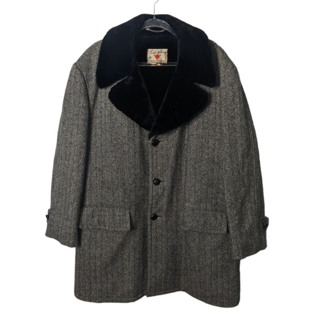 Vintage 60's Field & Stream Donegal Herringbone Tweed Wool  Faux Fur Collar 46